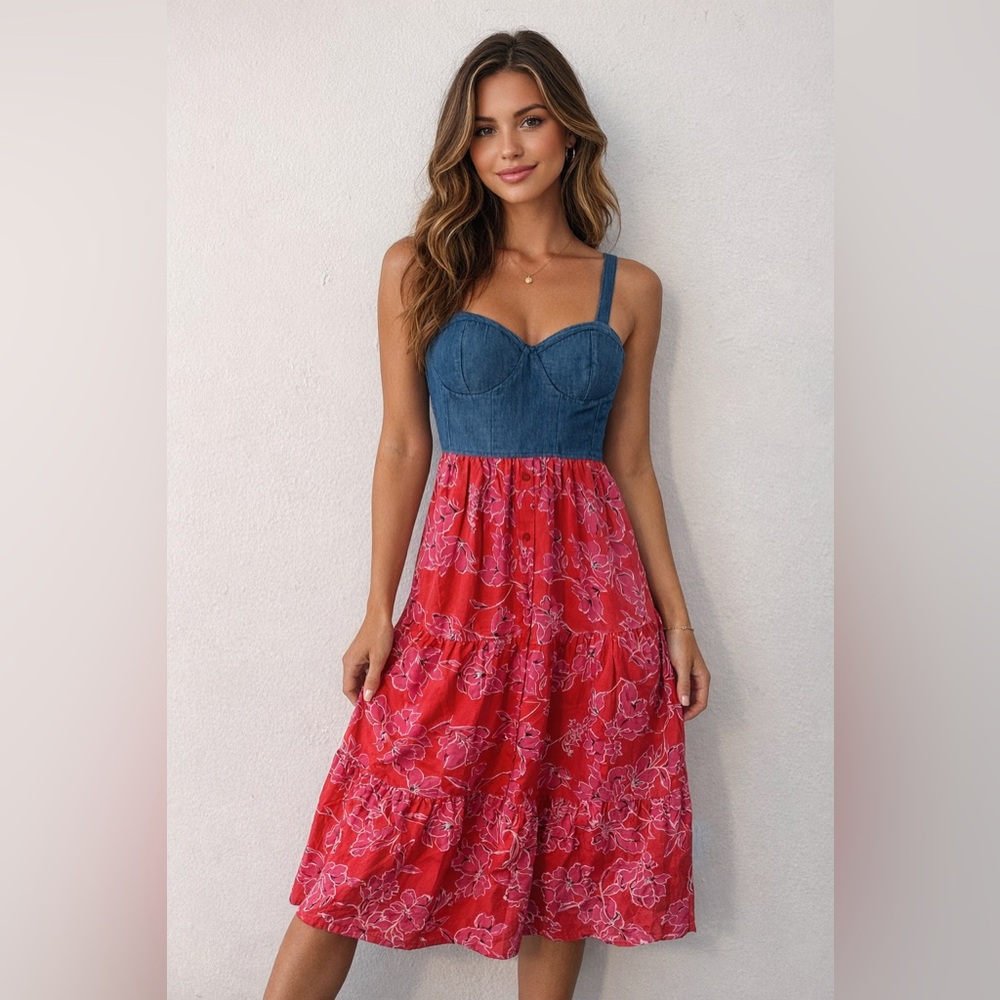 Elegant Denim and Red Floral Maxi Dress